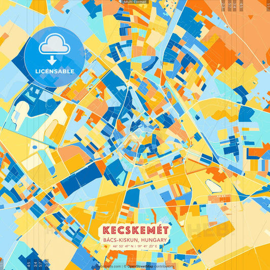 Kecskemét, Bács-Kiskun, Hungary blue and orange vector art map template