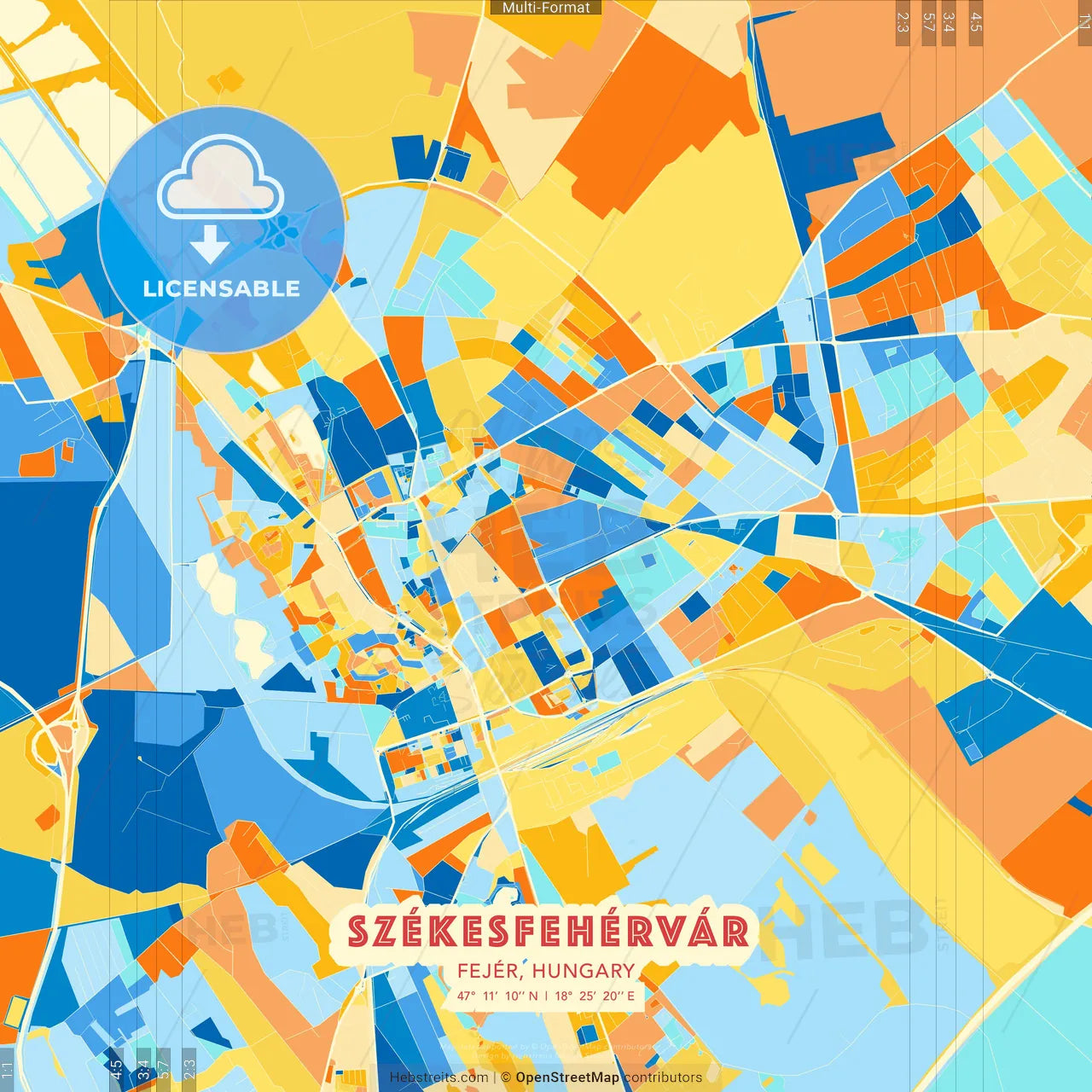 Székesfehérvár, Fejér, Hungary blue and orange vector art map template