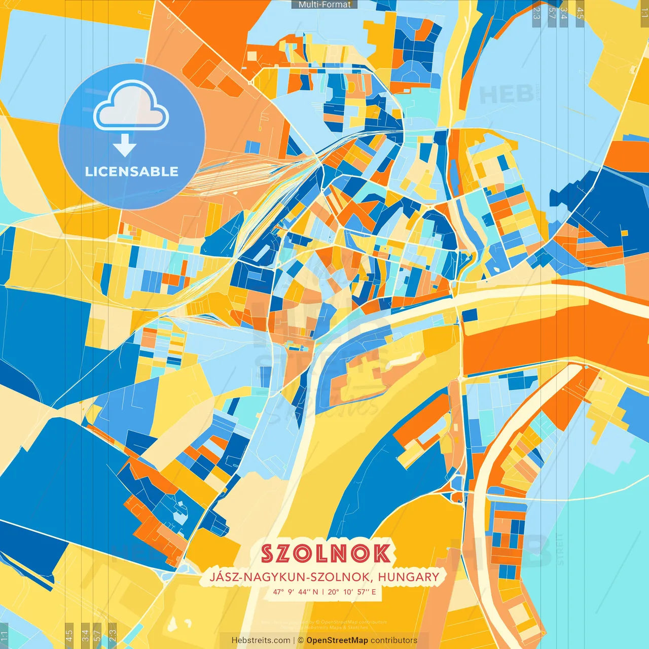 Szolnok, Jász-Nagykun-Szolnok, Hungary blue and orange vector art map template