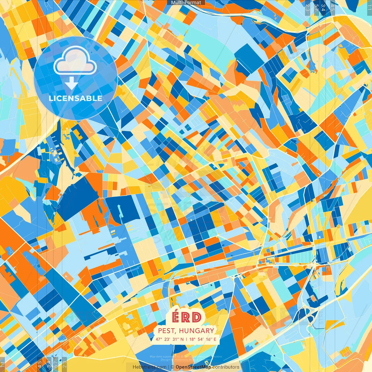 Érd, Pest, Hungary blue and orange vector art map template