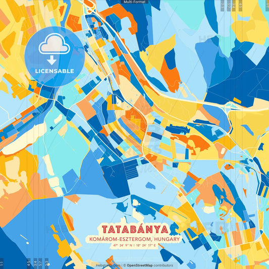Tatabánya, Komárom-Esztergom, Hungary blue and orange vector art map template