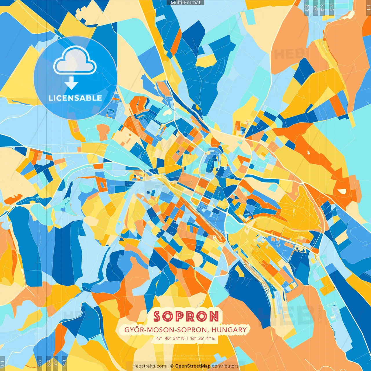 Sopron, Győr-Moson-Sopron, Hungary blue and orange vector art map template