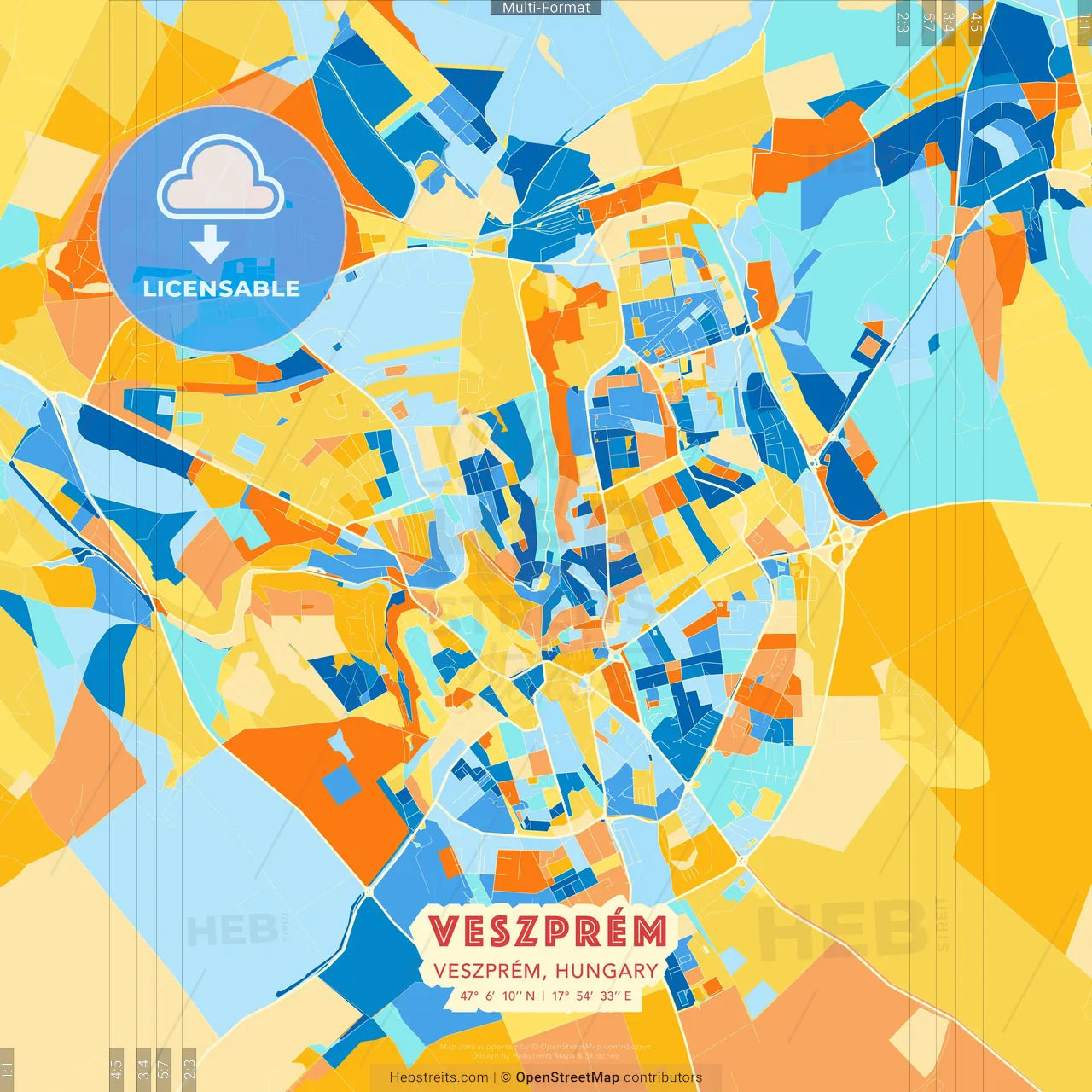 Veszprém, Veszprém, Hungary blue and orange vector art map template
