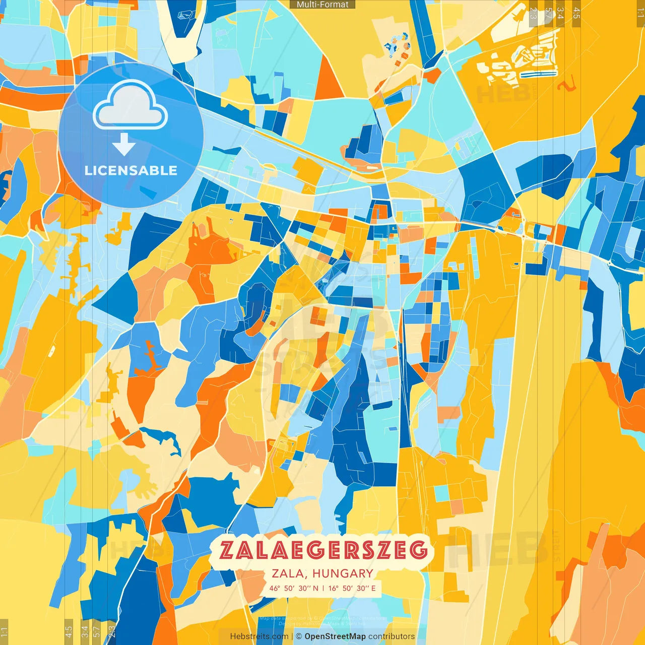 Zalaegerszeg, Zala, Hungary blue and orange vector art map template