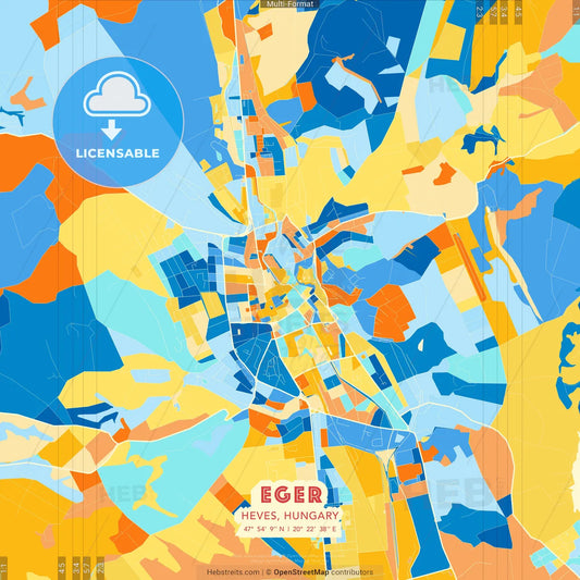 Eger, Heves, Hungary blue and orange vector art map template