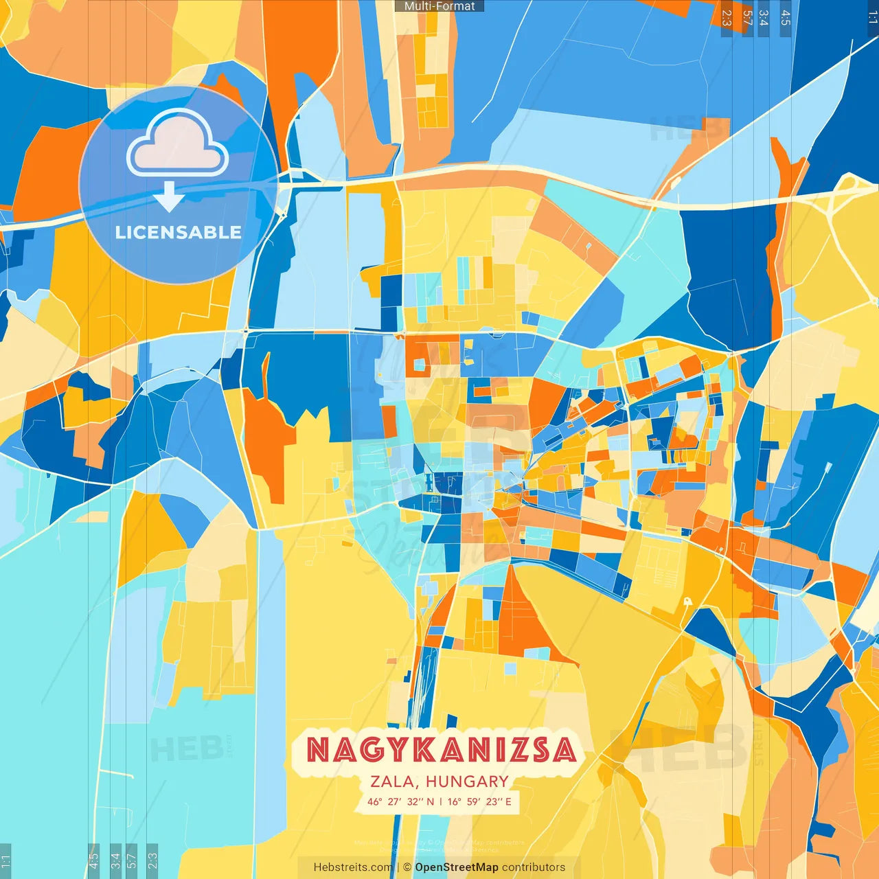 Nagykanizsa, Zala, Hungary blue and orange vector art map template