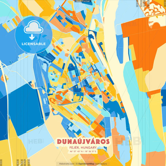 Dunaújváros, Fejér, Hungary blue and orange vector art map template