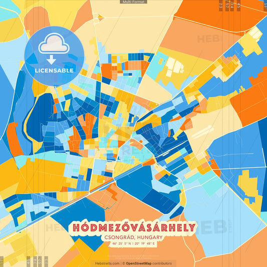 Hódmezővásárhely, Csongrád, Hungary blue and orange vector art map template