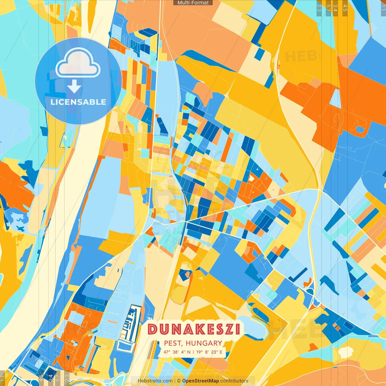 Dunakeszi, Pest, Hungary blue and orange vector art map template