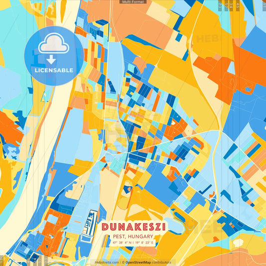 Dunakeszi, Pest, Hungary blue and orange vector art map template