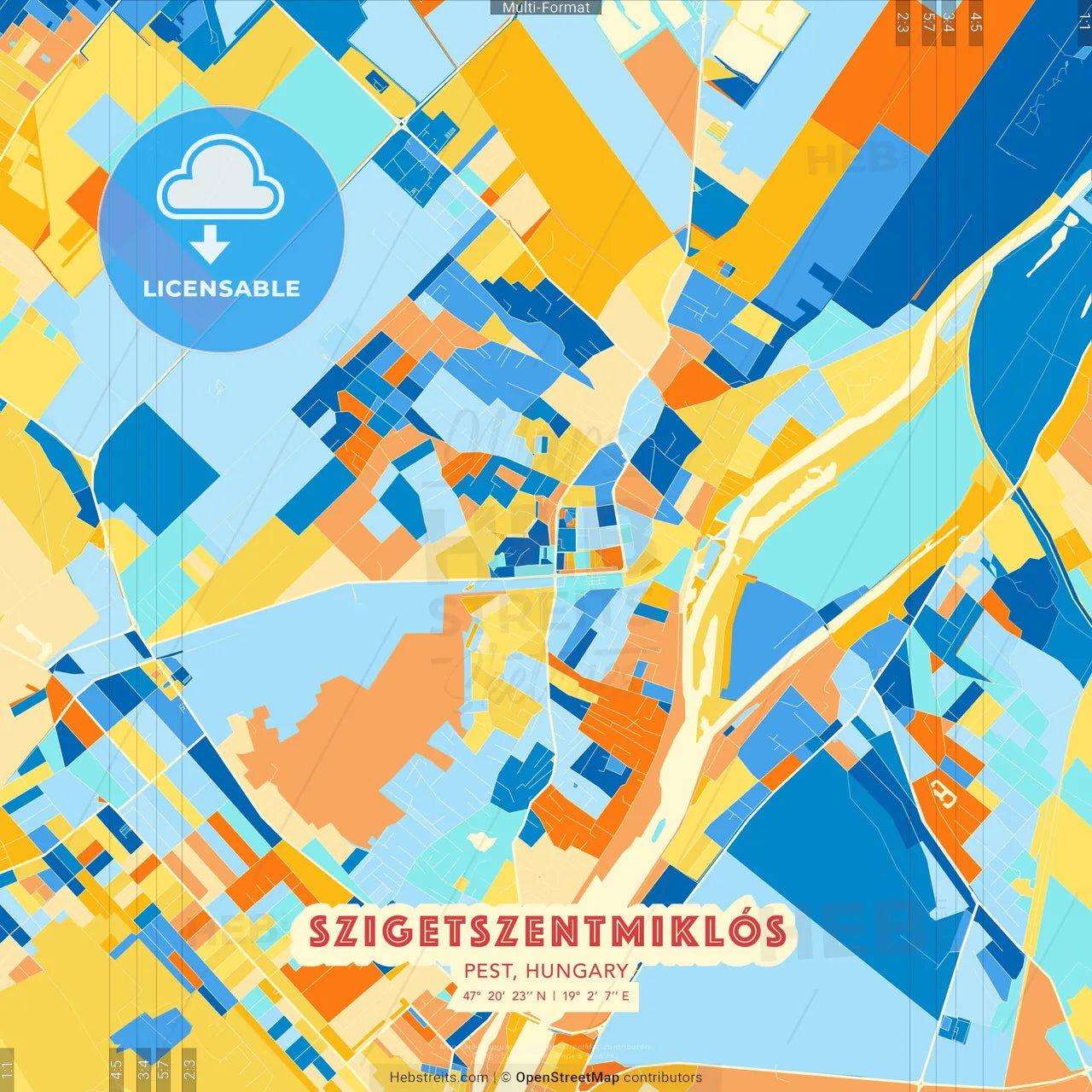 Szigetszentmiklós, Pest, Hungary blue and orange vector art map template