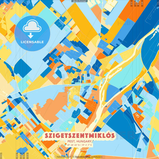 Szigetszentmiklós, Pest, Hungary blue and orange vector art map template