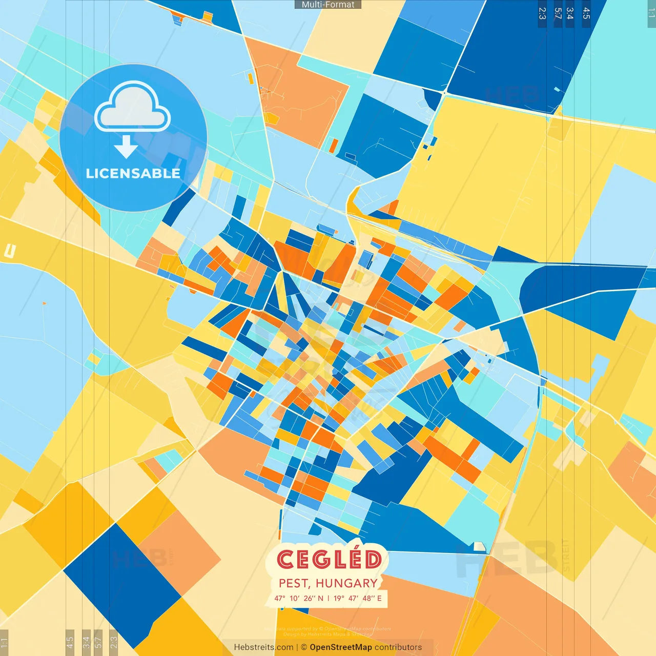 Cegléd, Pest, Hungary blue and orange vector art map template