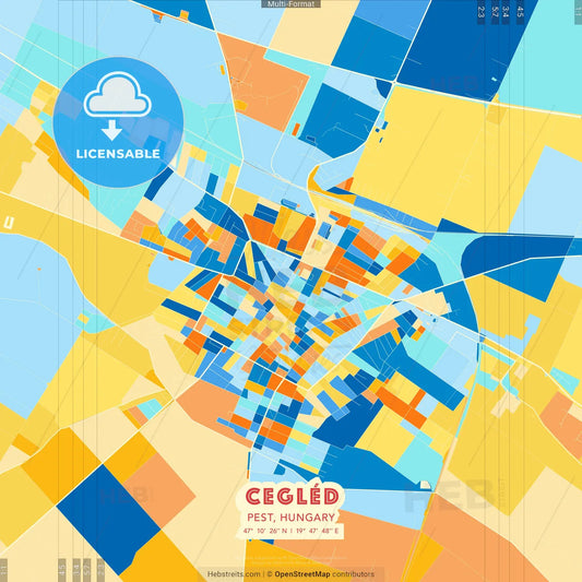 Cegléd, Pest, Hungary blue and orange vector art map template