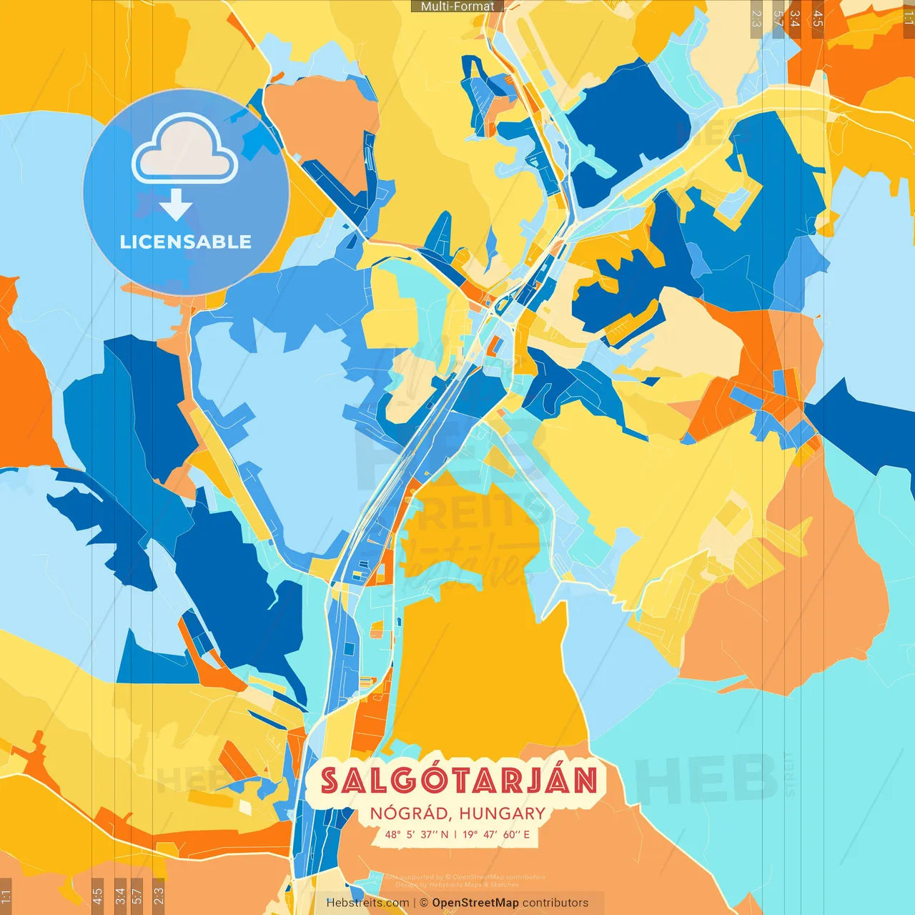 Salgótarján, Nógrád, Hungary blue and orange vector art map template