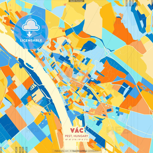 Vác, Pest, Hungary blue and orange vector art map template