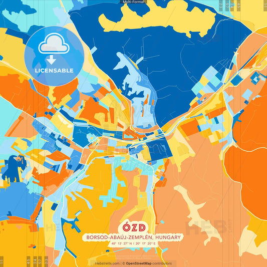 Ózd, Borsod-Abaúj-Zemplén, Hungary blue and orange vector art map template