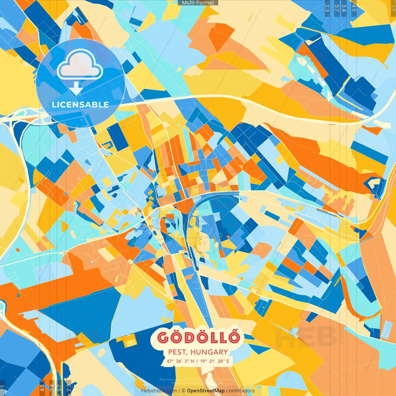 Gödöllő, Pest, Hungary blue and orange vector art map template