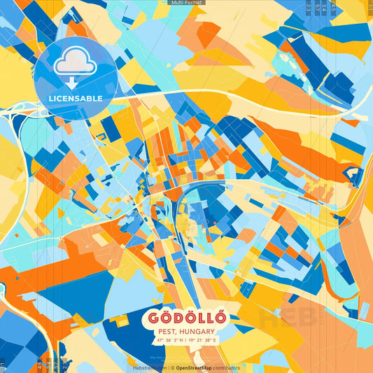 Gödöllő, Pest, Hungary blue and orange vector art map template