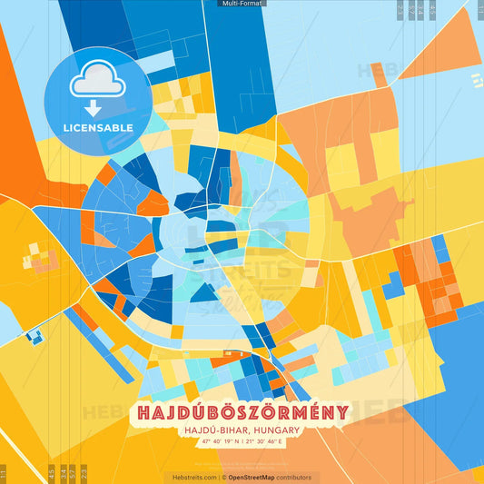 Hajdúböszörmény, Hajdú-Bihar, Hungary blue and orange vector art map template