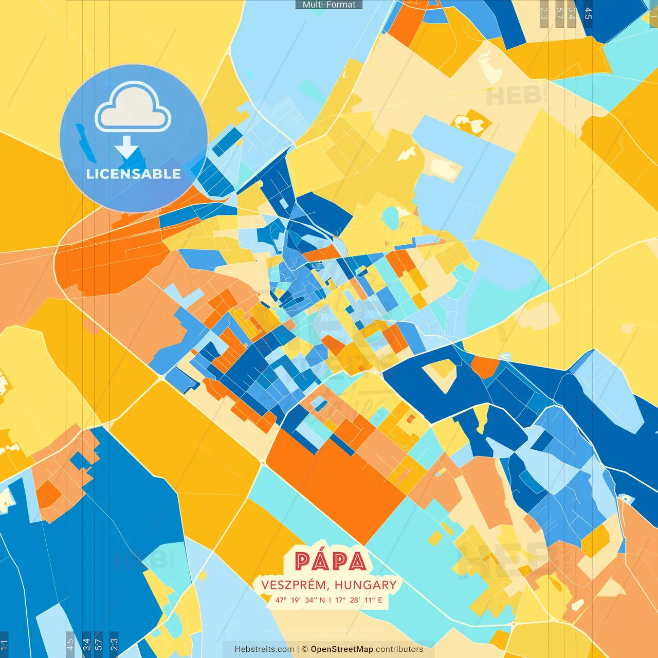 Pápa, Veszprém, Hungary blue and orange vector art map template