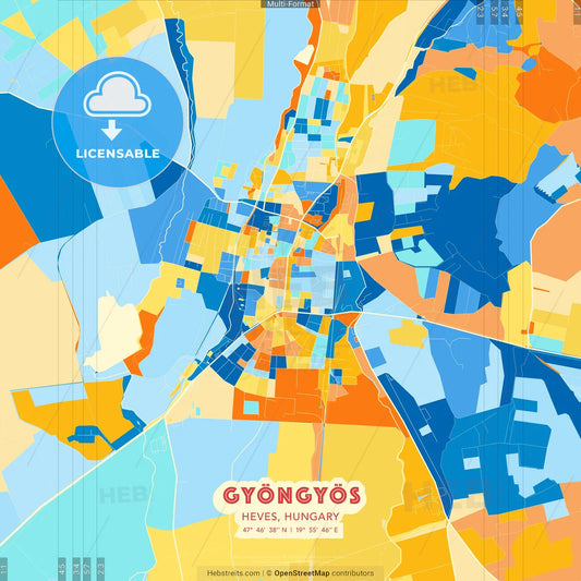Gyöngyös, Heves, Hungary blue and orange vector art map template