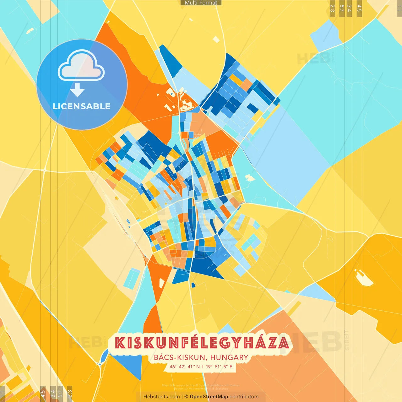 Kiskunfélegyháza, Bács-Kiskun, Hungary blue and orange vector art map template