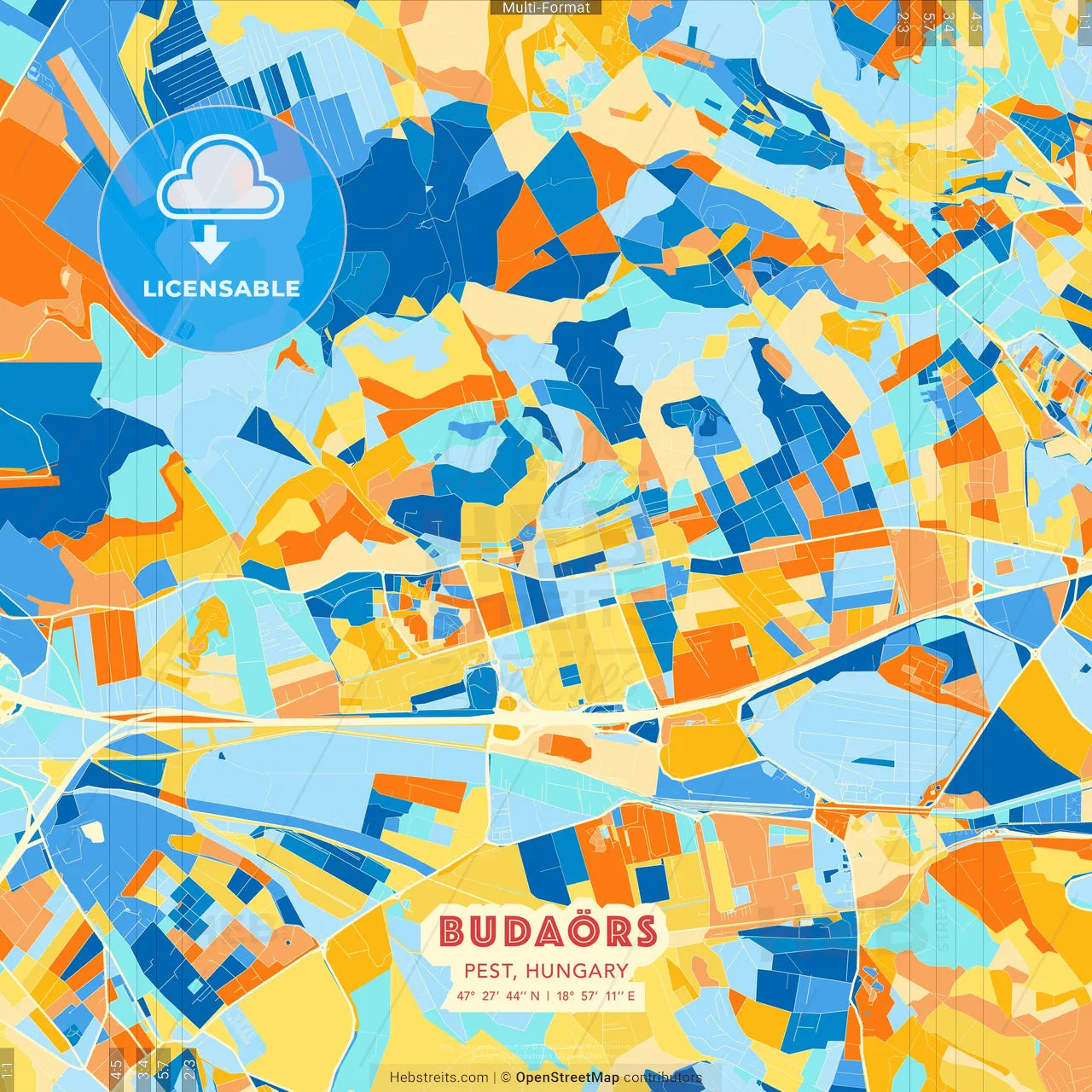 Budaörs, Pest, Hungary blue and orange vector art map template