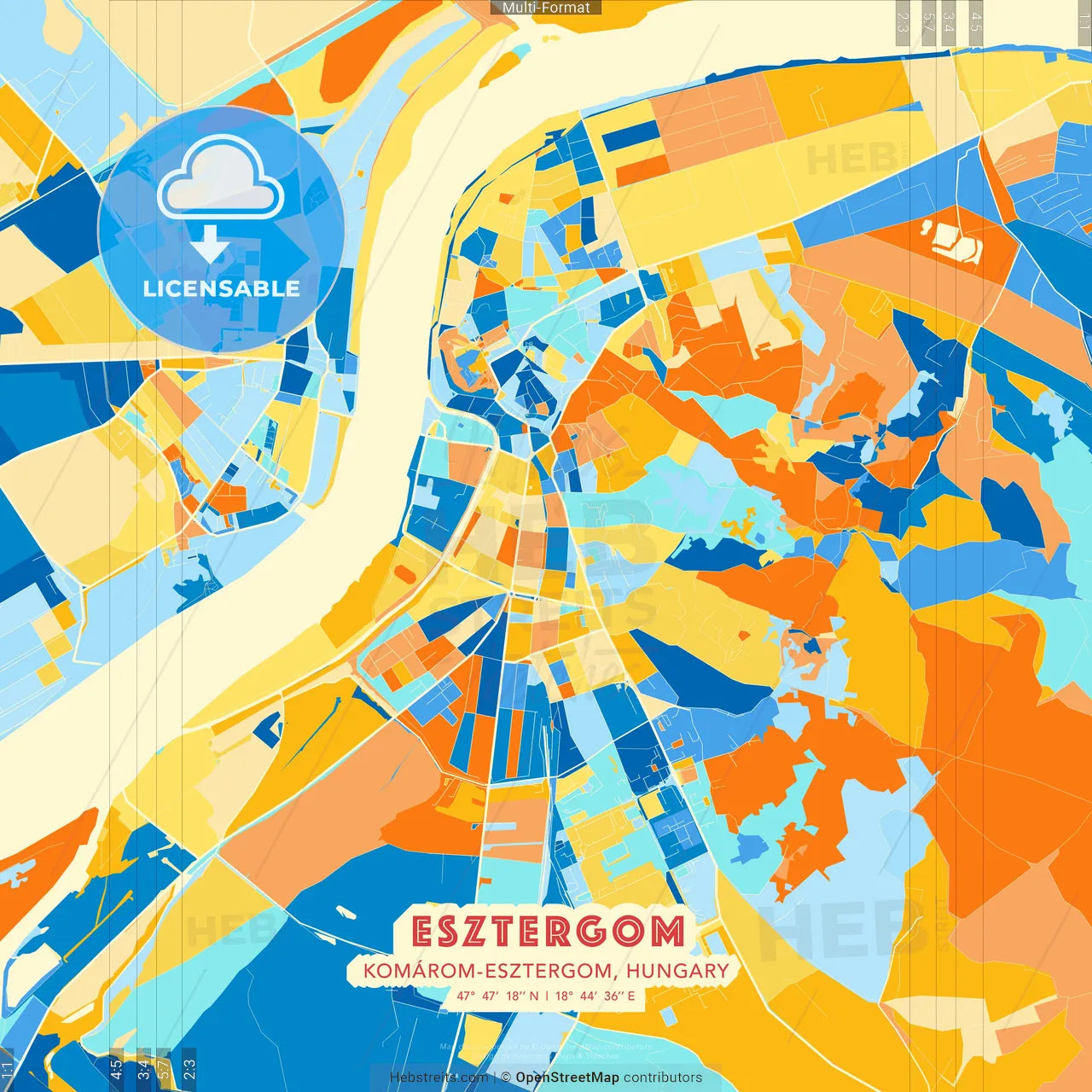 Esztergom, Komárom-Esztergom, Hungary blue and orange vector art map template