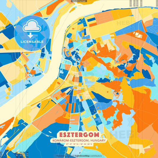 Esztergom, Komárom-Esztergom, Hungary blue and orange vector art map template
