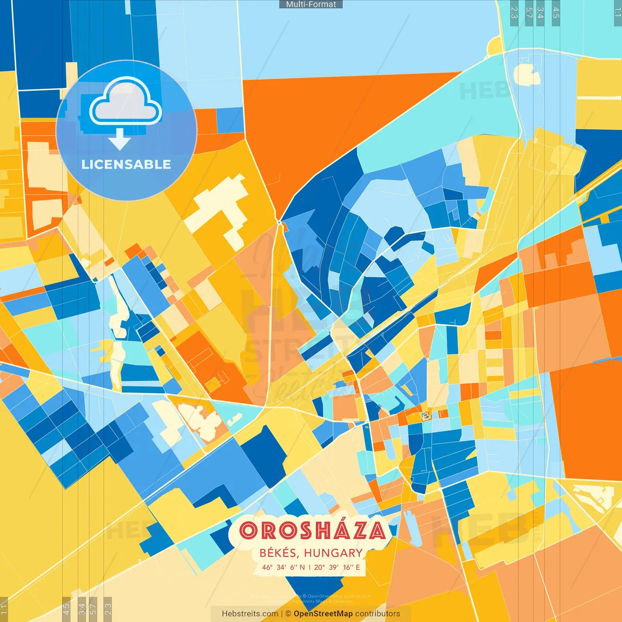 Orosháza, Békés, Hungary blue and orange vector art map template