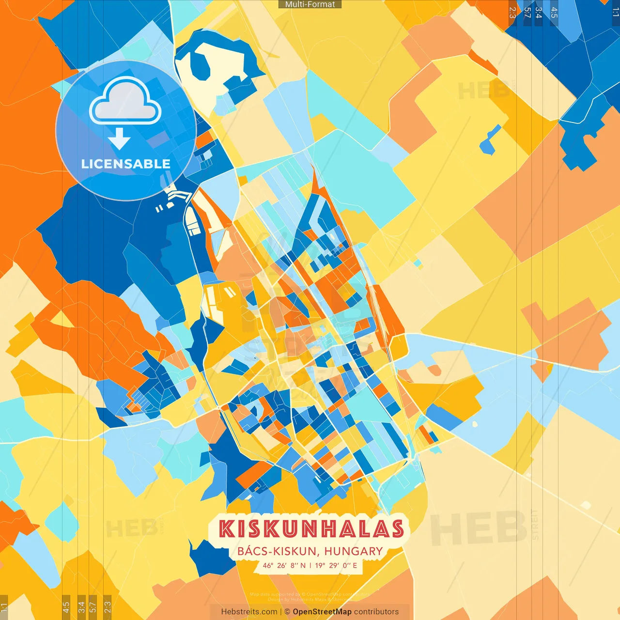 Kiskunhalas, Bács-Kiskun, Hungary blue and orange vector art map template