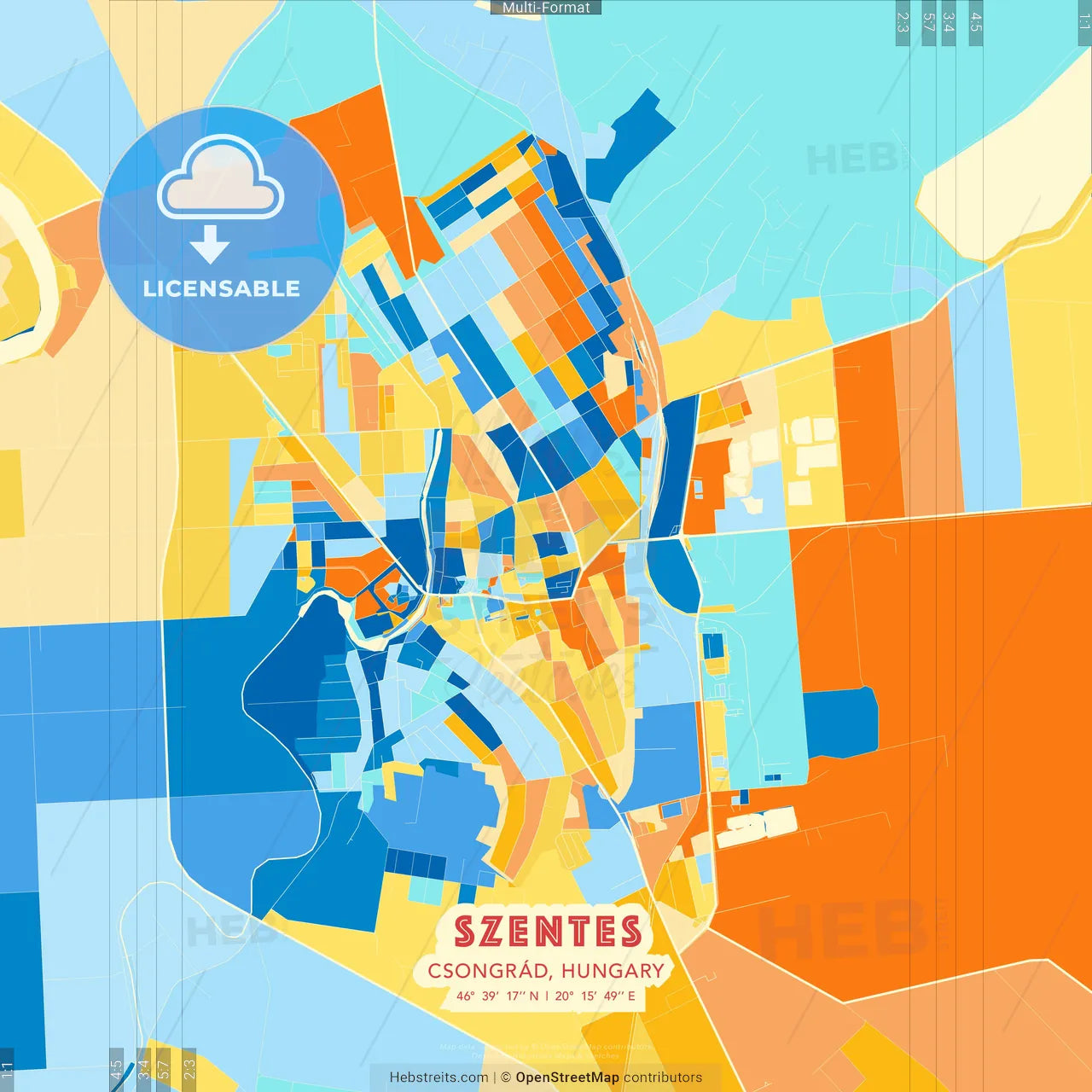 Szentes, Csongrád, Hungary blue and orange vector art map template