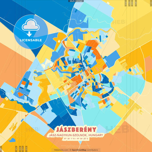 Jászberény, Jász-Nagykun-Szolnok, Hungary blue and orange vector art map template