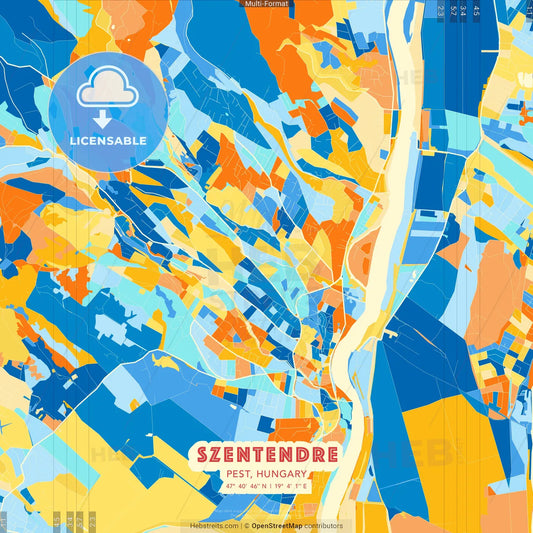 Szentendre, Pest, Hungary blue and orange vector art map template
