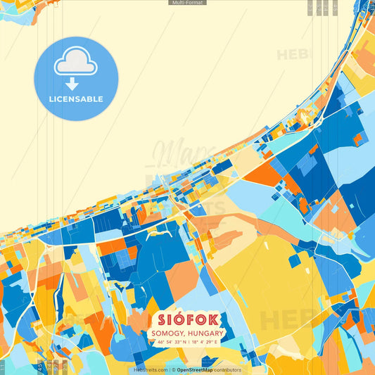Siófok, Somogy, Hungary blue and orange vector art map template