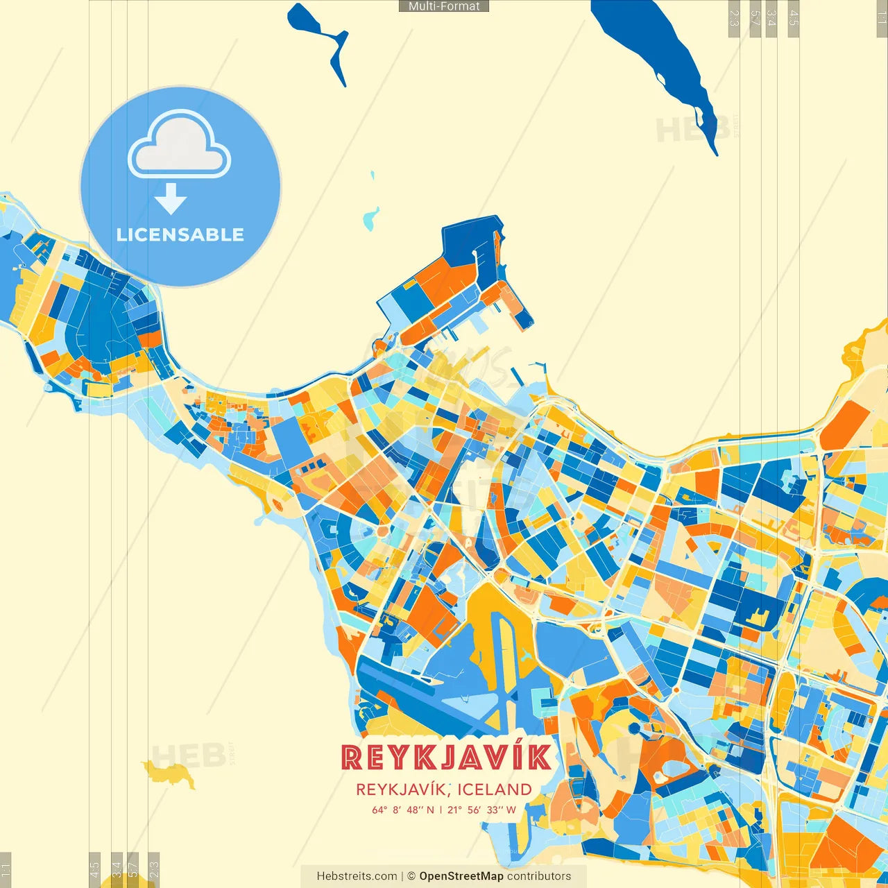 Reykjavík, Reykjavík, Iceland blue and orange vector art map template