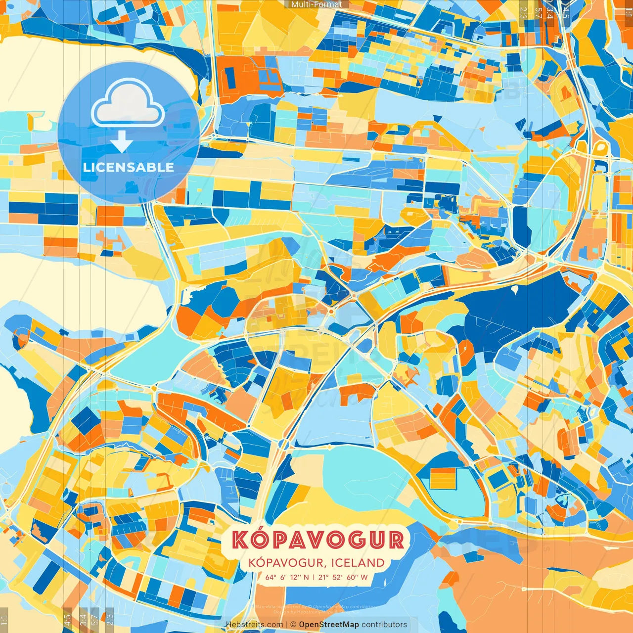 Kópavogur, Kópavogur, Iceland blue and orange vector art map template