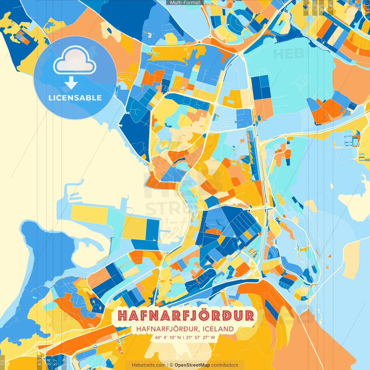Hafnarfjörður, Hafnarfjörður, Iceland blue and orange vector art map template