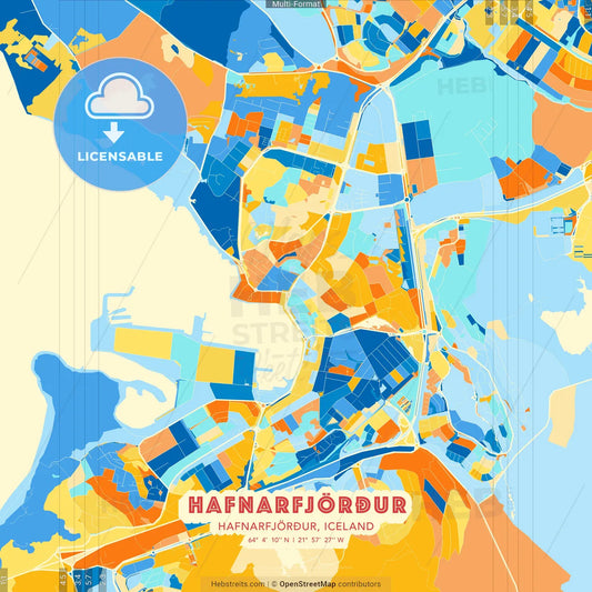 Hafnarfjörður, Hafnarfjörður, Iceland blue and orange vector art map template