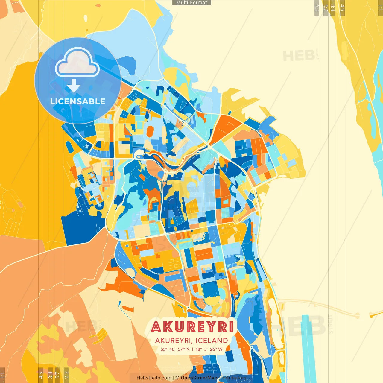 Akureyri, Akureyri, Iceland blue and orange vector art map template