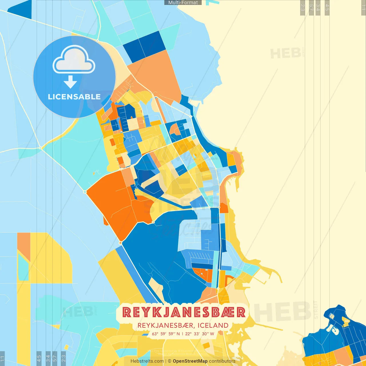 Reykjanesbær, Reykjanesbær, Iceland blue and orange vector art map template