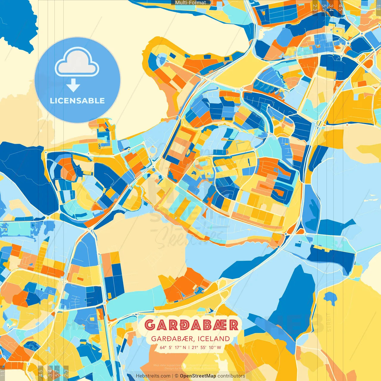 Garðabær, Garðabær, Iceland blue and orange vector art map template