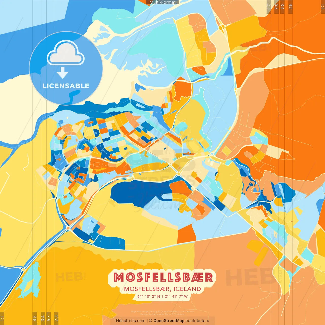 Mosfellsbær, Mosfellsbær, Iceland blue and orange vector art map template