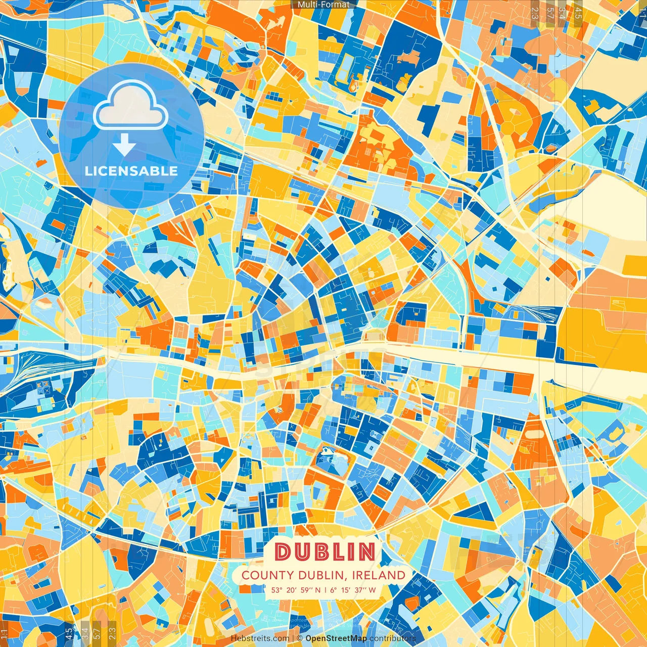 Dublin, County Dublin, Ireland blue and orange vector art map template