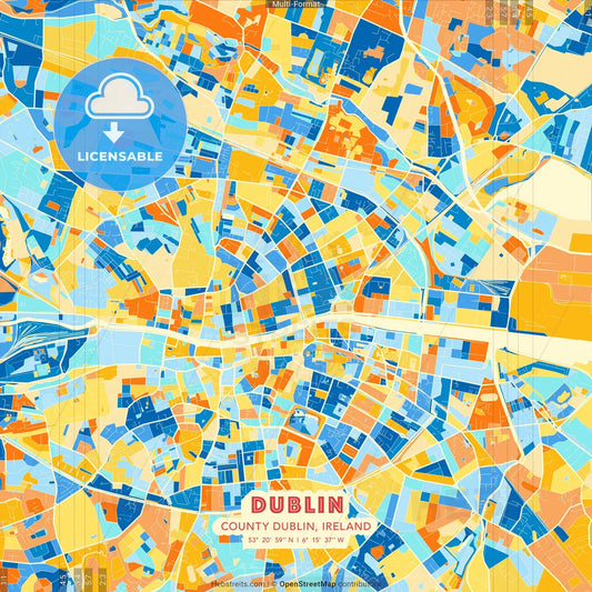 Dublin, County Dublin, Ireland blue and orange vector art map template