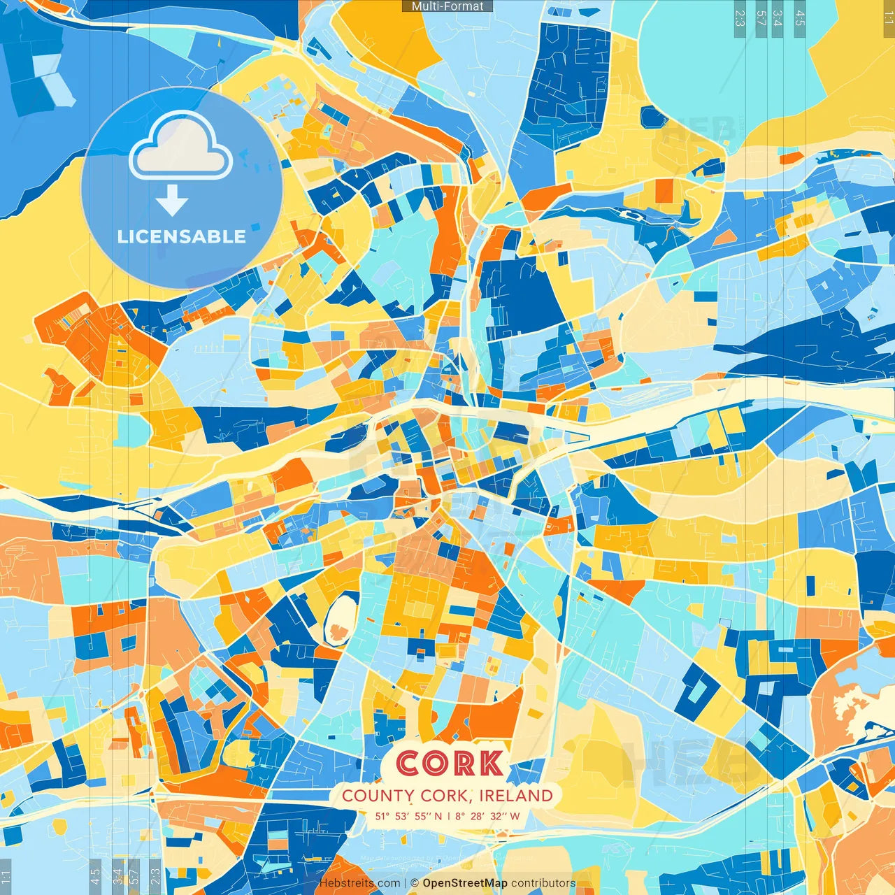 Cork, County Cork, Ireland blue and orange vector art map template