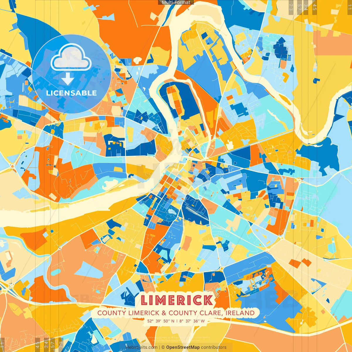 Limerick, County Limerick &amp; County Clare, Ireland blue and orange vector art map template