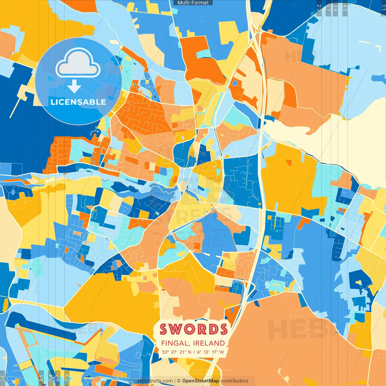 Swords, Fingal, Ireland blue and orange vector art map template