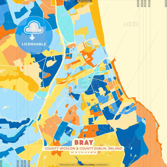 Bray, County Wicklow &amp; County Dublin, Ireland blue and orange vector art map template